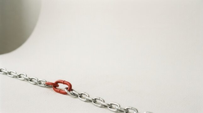 Close-up of a Heavy Metal Chain with a Red Link on a White Background.