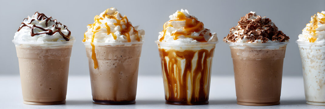 Plastic takeaway cups with transparent backgrounds feature frozen coffee and caramel frappes with whipped cream and drizzled toppings.
