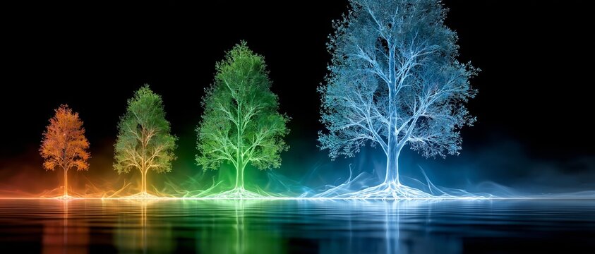 Four trees show growth stages symbolizing progress in a digital landscape with bright colors Generative AI