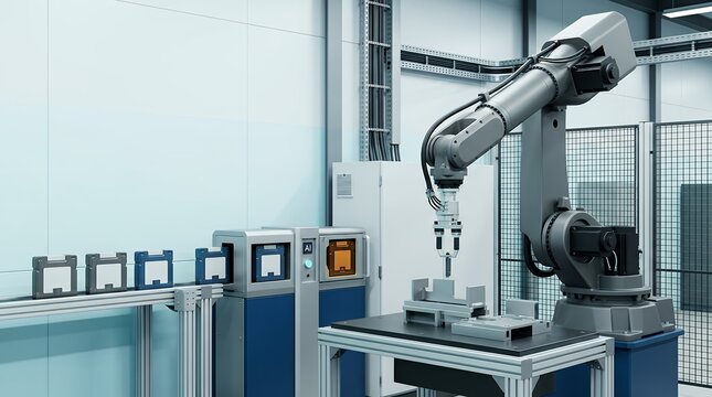 Automated robotic arm assembly line moving electronic modules along a conveyor system inside a modern high tech factory