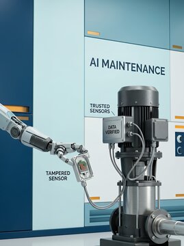 Automated robotic arm inspecting trusted sensor modules on an industrial vertical pump during routine factory maintenance and data verification