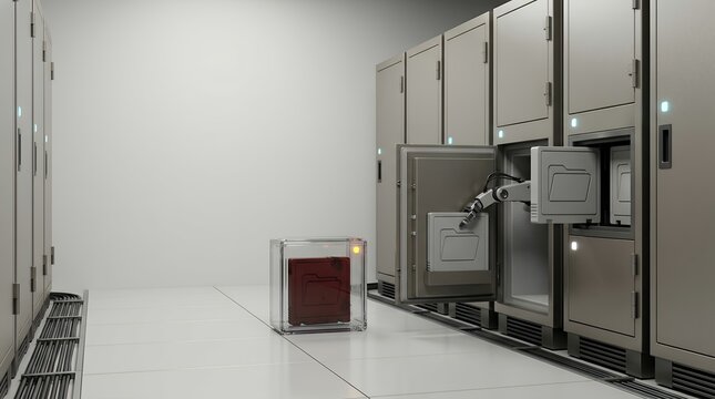 Autonomous robotic sorting arm selecting paper folder from high-density automated archive shelving system in bright medical corridor