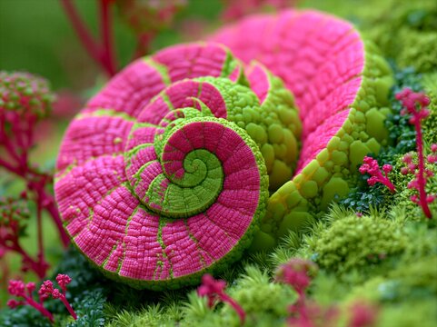  Bright Pink and Green Spiral Fractal Structure in Mossy Nature
