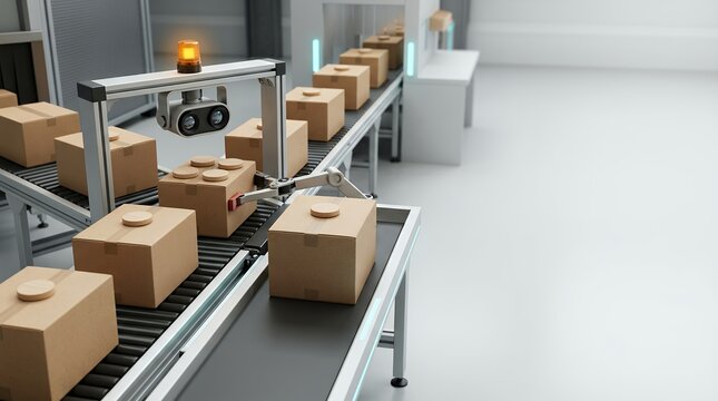 Autonomous robotic sorting unit with advanced AI camera inspection system and dual roller conveyors for automated package and logistics fulfillment