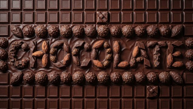 Close-up dark chocolate bar word spelled capital letters bars arranged grid-like pattern each having small amo