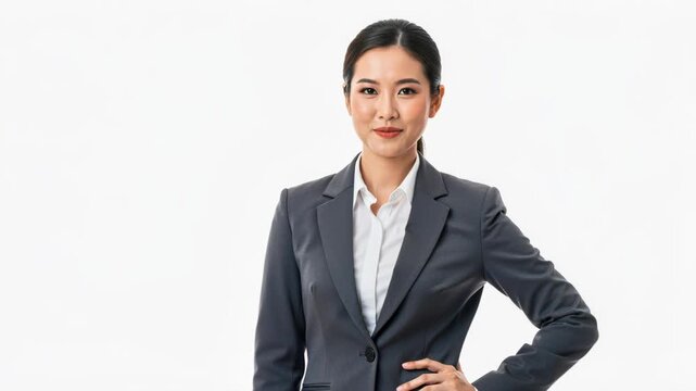Confident Asian Businesswoman: A professional Asian woman in a stylish gray suit stands confidently, her hand on her hip, exuding determination and competence in a studio setting.