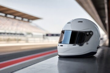 Fototapeta premium Premium Racing Helmet Resting Trackside with Polished Reflections and a Dramatically Blurred Circuit Behind It