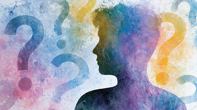 Human silhouette with question marks on textured background in colorful design Generative AI