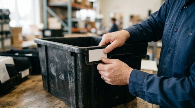 Refurbishment associate labeling a resale bin with a fresh grading sticker in Warehouse Returns Processing - Reverse Logistics Stock Photo