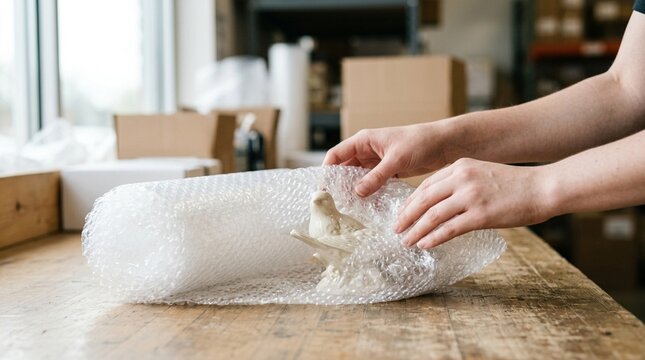 Returns associate carefully repacking fragile items with bubble wrap after inspection - Reverse Logistics Stock Photo