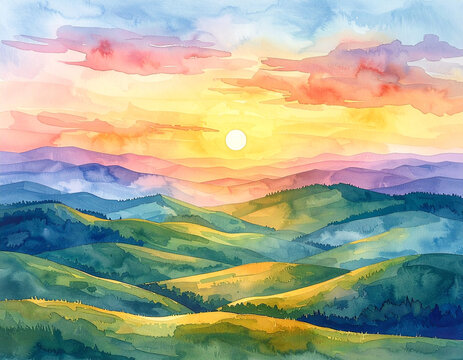 Watercolor Illustration of Rolling Green Hills at Sunrise Representing Spiritual Philosophy Belief And Pilgrimage Journey