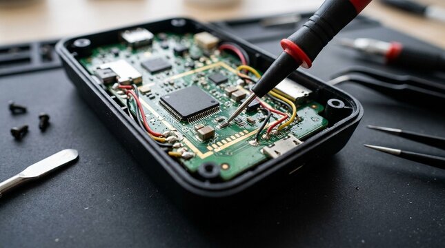 Returned electronics item opened for an internal component inspection - Reverse Logistics Stock Photo