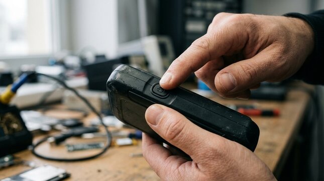 Inspector holding a returned item's power button down to test the startup sequence - Reverse Logistics Stock Photo