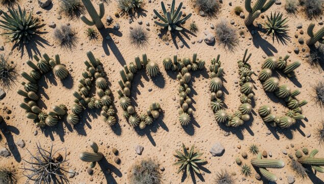 Aerial desert landscape various cacti succulents scattered ground covered small rocks pebbles there plants shr