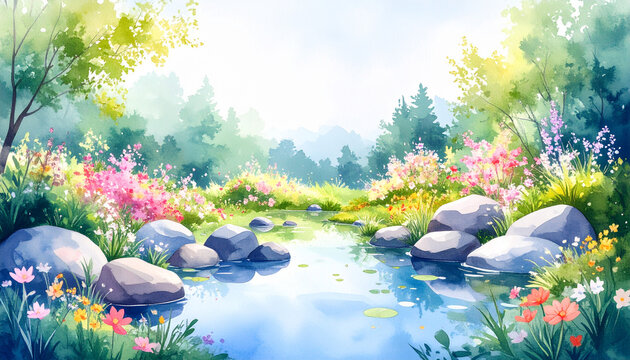 Watercolor Illustration of Peaceful River Stream With Rocks And Wildflowers Embodying Philosophical Harmony