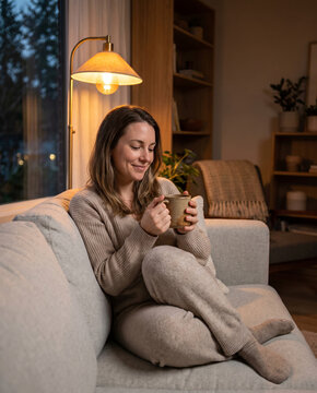 Woman enjoying a peaceful October evening in a warm living room