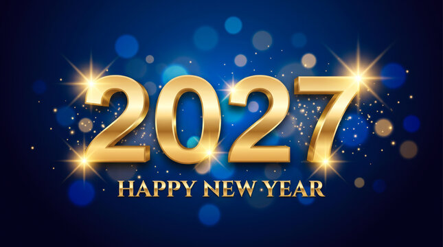 Golden 2027 Happy New Year Greeting Card with Glowing Blue Bokeh Background