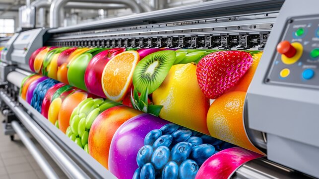 Large printing machine creates colorful fruit designs for banners in factory setting during daytime Generative AI