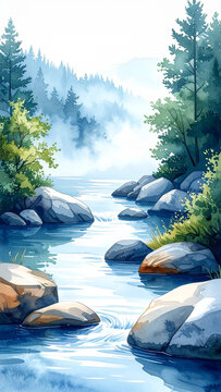 Watercolor Illustration of Tranquil River Winding Through Pine Forest Mountains Exploring Themes of Belief Religion Pilgrimage And Philosophy