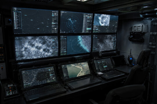Military Drone Command and Control Center with Real-Time Surveillance Screens