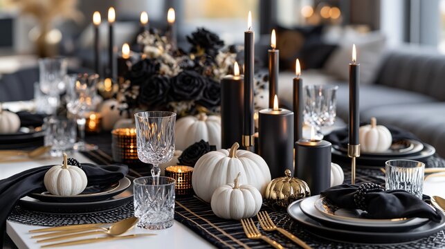 Luxurious Halloween dining table with elegant decor and black candles in a modern interior Generative AI