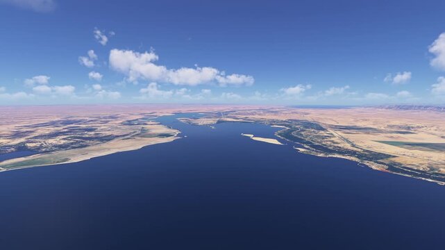 Aerial drone shot of Great Bitter Lake in Suez Canal. Suez. Egypt