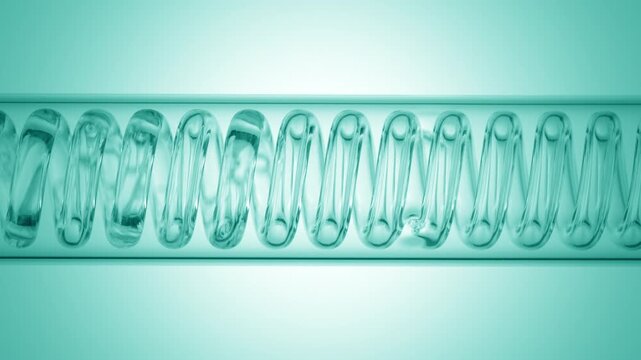 Big close up shot of clear transparent liquid flowing through a horizontally mounted coil laboratory condenser on cyan ramp background