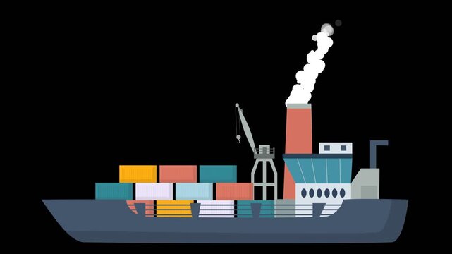 animation of a ship on a transparent background, a looping video of the ship carrying containers with smoke coming out of its funnel
