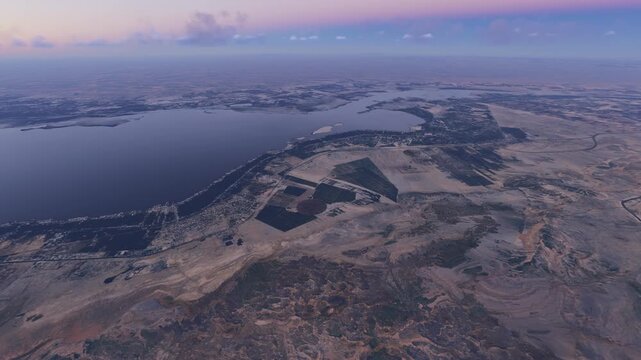 Circular aerial drone view at sunrise of Timsah Lake in Ismailia. Suez Canal. Egypt