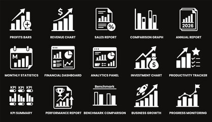 Naklejka premium Set of business growth and financial analysis icons created by a professional vector illustrator for digital design