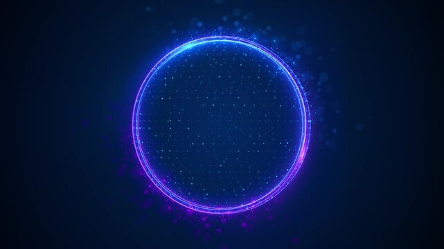 Blue and violet neon rings glow circular field of floating particles on a dark background. technology intros, music visualizers, logo reveals, digital presentations, gaming screens, animated loops.