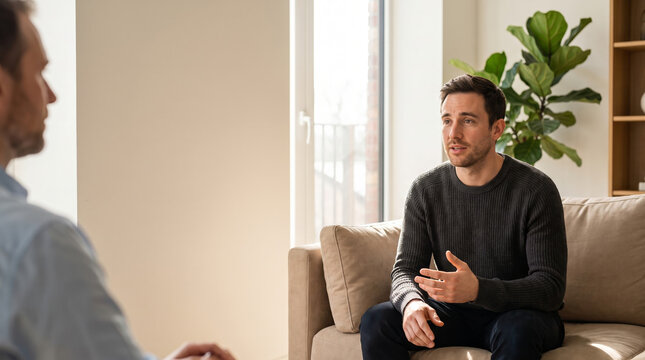 Man speaking during a supportive consultation in a sunlit room
