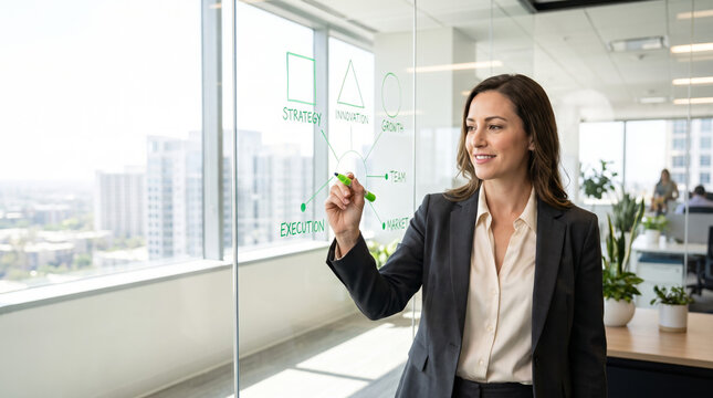 Confident professional presenting ideas on a glass office whiteboard
