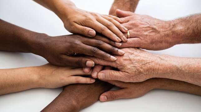 Diverse group of hands stacked together showing unity and teamwork