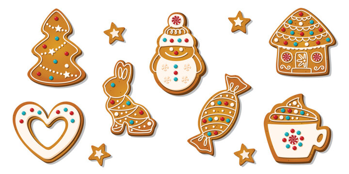 Christmas Gingerbread cookies for xmas celebration. Winter homemade biscuits with sweet icing details in festive shapes isolated on white background. Cartoon vector illustration