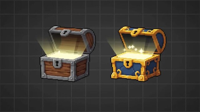 Retro 8-bit pixel art treasure chest icon set featuring animated wooden boxes with gold coins and gems, classic gaming loot assets for fantasy arcade game interface and RPG adventure design.