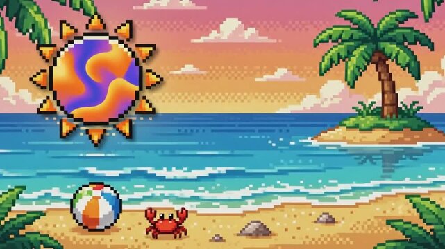 Nostalgic 8-bit pixel art illustration of a tropical summer beach shore with golden sand, palm tree, and turquoise sea, minimalist retro game graphic icon for vacation and seaside themes.