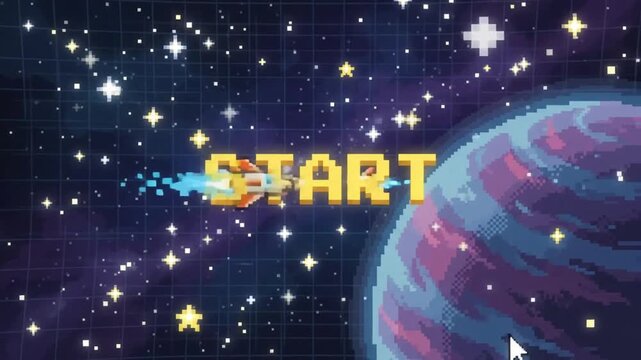 Retro 8-bit pixel art animation featuring a vibrant cosmic galaxy background with a starry planet and glowing start player text for vintage arcade video game interfaces in 4K resolution.