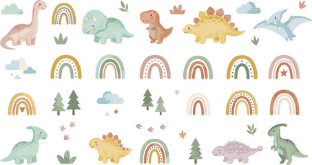 Cute Boho Watercolor Dinosaur and Rainbow Element Set with Cartoon Brachiosaurus, Triceratops, and Tyrannosaurus Mascots for Kids Nursery Wall Art Designs © khadija