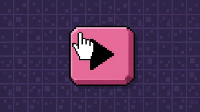 Retro 8-bit pixel art animation of a vibrant pink square play button being clicked, ideal for vintage video game interfaces or digital multimedia content in 4K resolution.