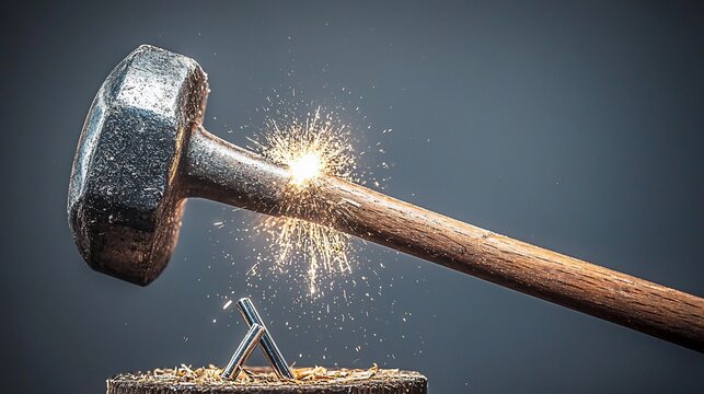 Metal Sledgehammer Striking Nail with Sparks