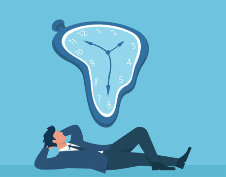 Procrastination, Wasted Time, Delaying Tasks, Relaxing Businessman, Melting Clock, Flat vector illustration of a man lying under a distorted clock