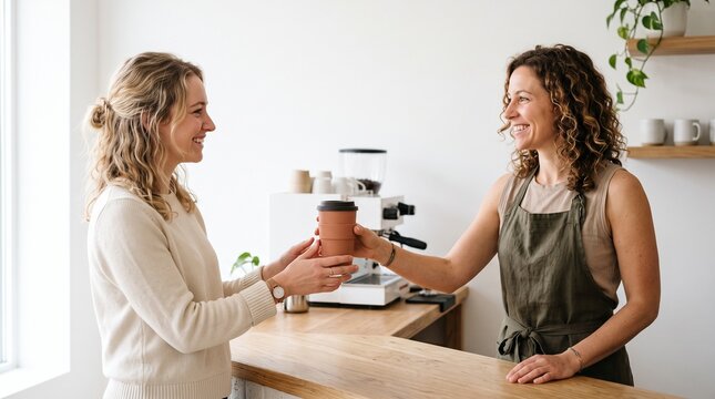 Barista handing coffee cup to customer in modern cafe