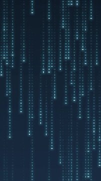 Falling digital code rain glowing streaks seamless loop in cool cyan tones vertical 9:16