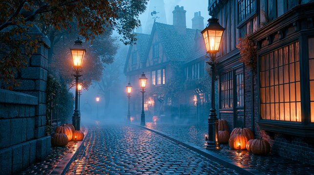 Mysterious cobblestone street with glowing pumpkins and vintage lanterns in an old European town after rain Generative AI