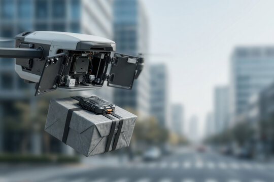 Delivery drone package technology city transport logistics autonomous urban futuristic delivery drone carrying package over urban street, modern city logistics Drone delivery logistics concept