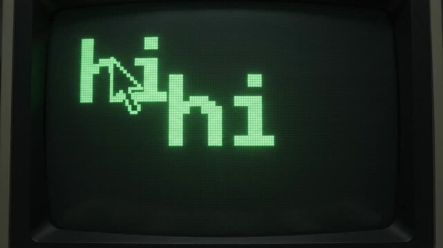 Retro digital 8-bit pixel art animation featuring neon green glowing hi text greeting displayed on a vintage dark computer terminal screen interface in high resolution 4K quality