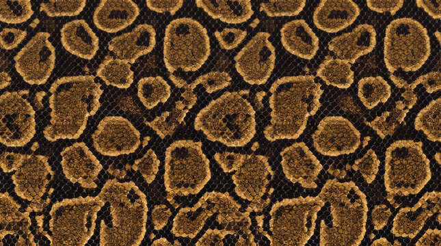 Close-up ball python skin texture with golden brown blotches and dark scales, creating a natural exotic reptile pattern for backgrounds, textiles and decorative design.