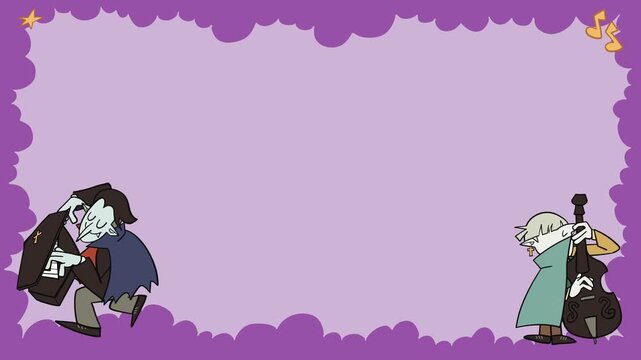 Halloween animated background frame loop with cute vampire dracula playing coffin organ and double bass, retro vintage cartoon video footage with copy space