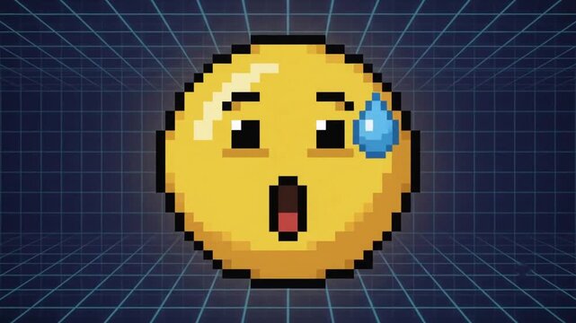 Digital 8-bit pixel art animation featuring a surprised yellow emoji face, retro gaming style shocked expression graphic on isolated black background, high definition resolution.